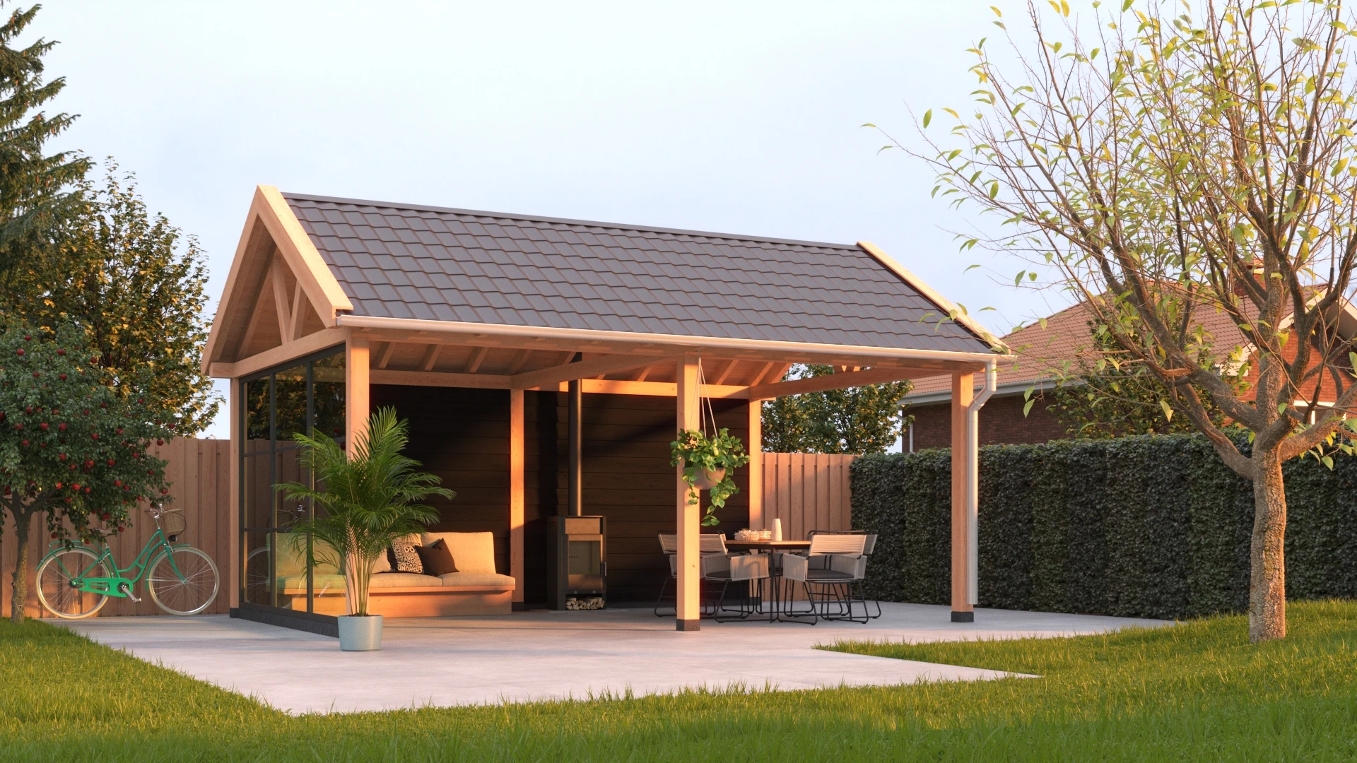 Douglas overkapping zadeldak, 600 x 400, met schuur en achterwand, Westwood Vrijbuiter - Afbeelding 2